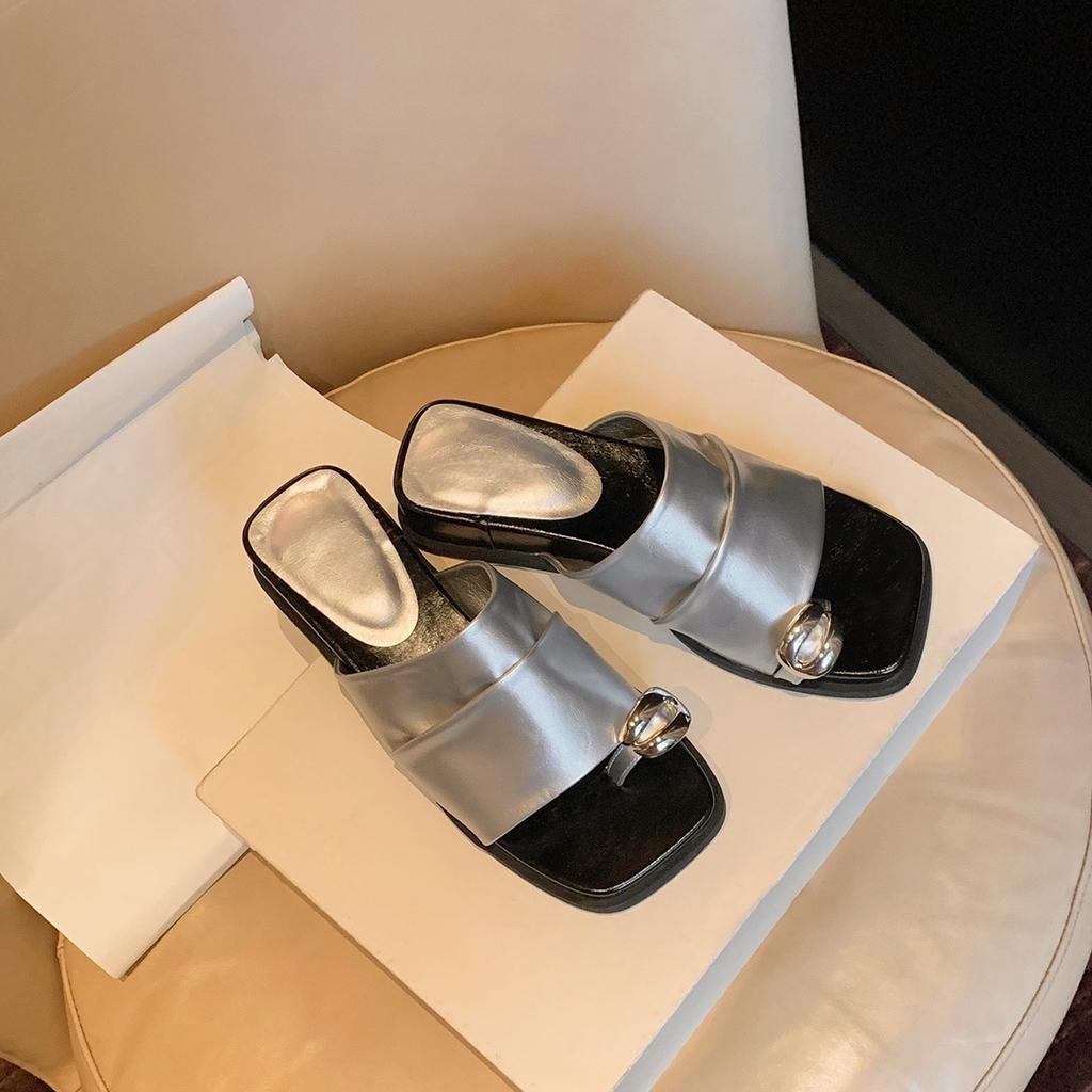 2025 Summer French Metal Buckle Fold Wide One-word Set Toe Slope Heel Sandals Women's Summer Thick-soled One-pedal Slippers