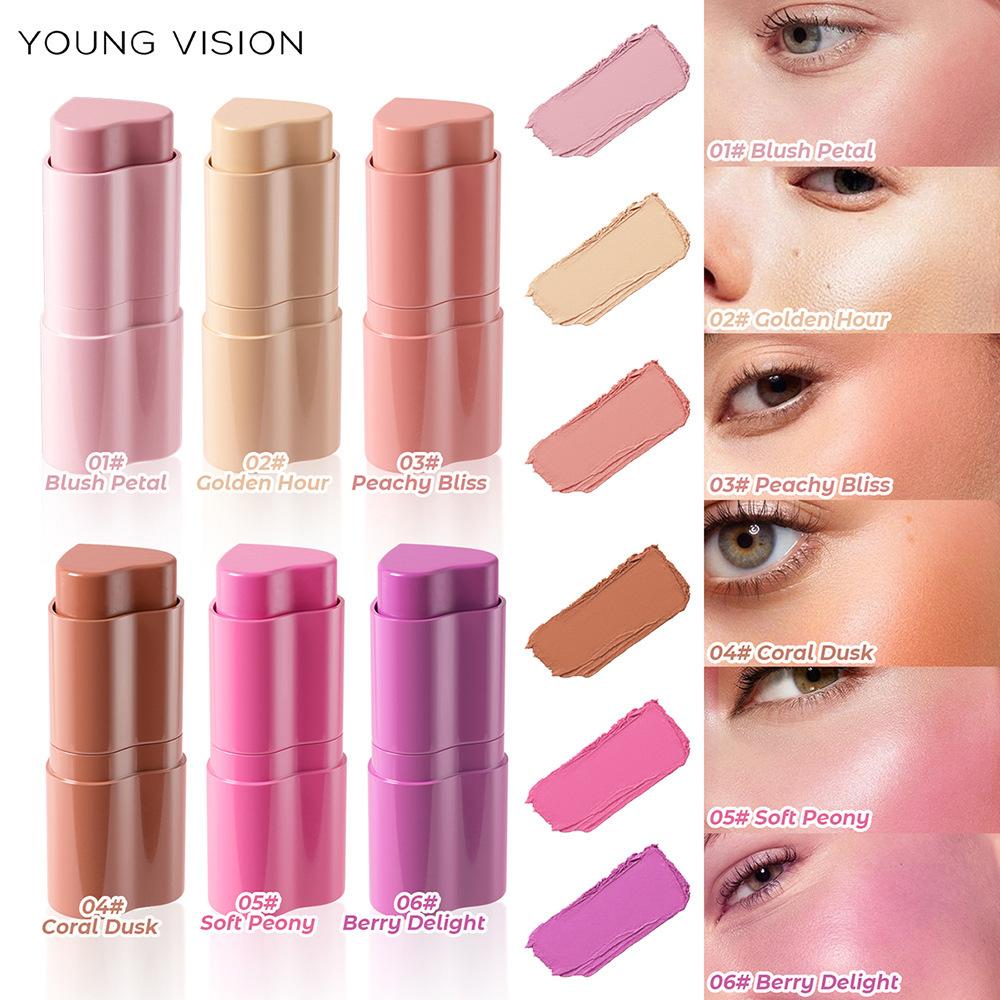 YOUNG VISION 1PCS Heart Blush Cream Contouring Stick Face Modifier Mousse Blush Lipstick 2-in-1