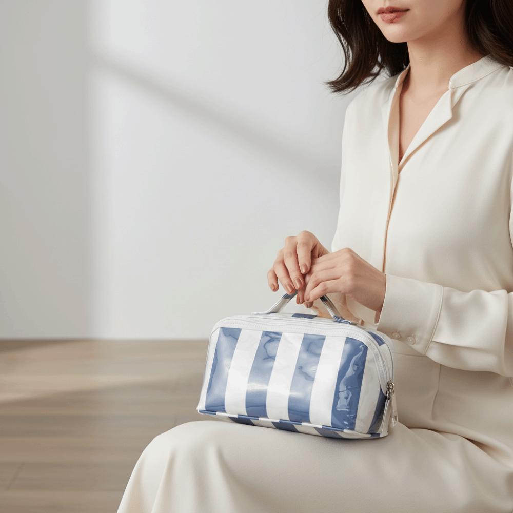 Durable Striped Cosmetic Bag Lightweight and Portable Large Capacity PVC Makeup Organizer Multipurpose Storage Contrast Color