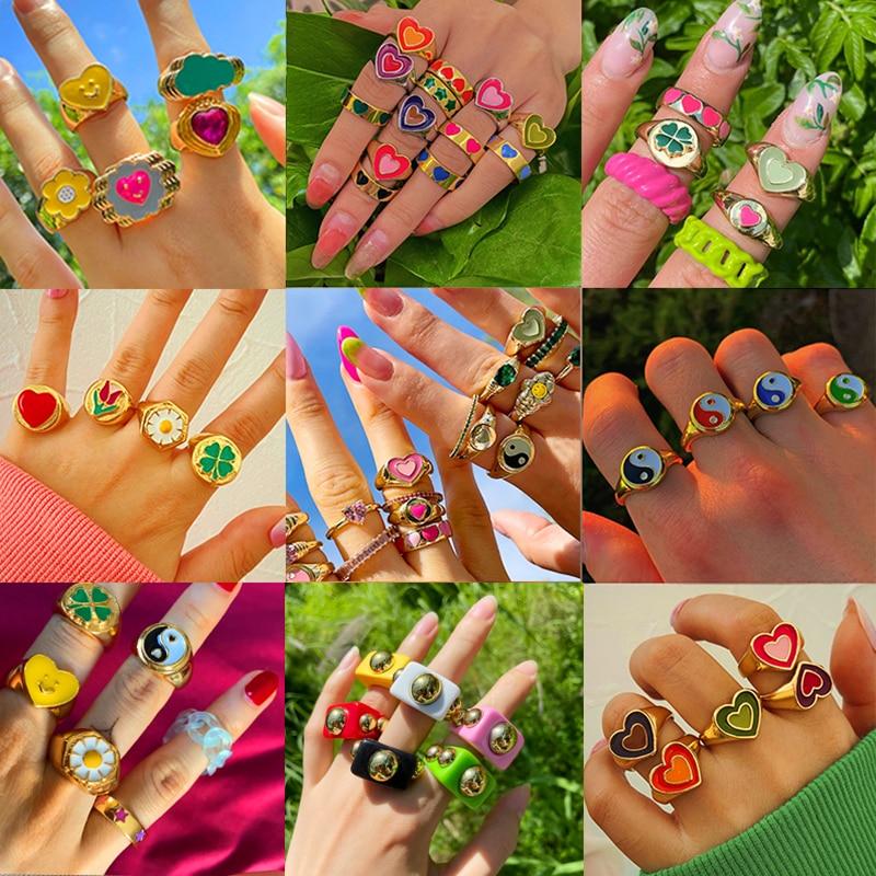 17KM Rainbow Color Resin Acrylic Rings Set For Women Couples 2021 New Colorful Flower Heart Rings Travel Gifts Jewelry