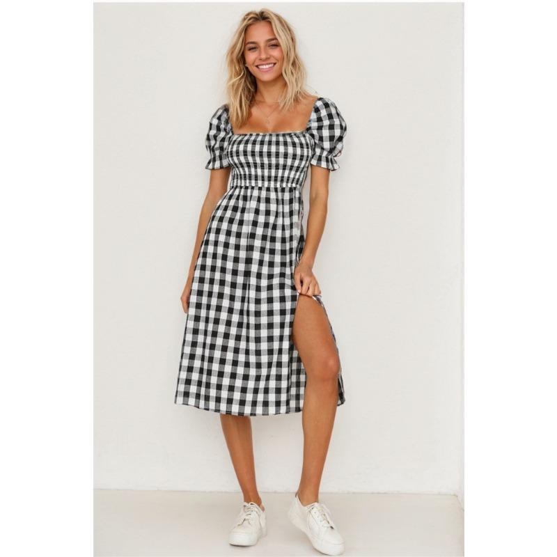 Женское платье весна-лето с разрезом, квадратным воротником и короткими рукавами в клетку