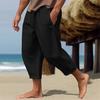 Men Cropped Pants Drawstring Elastic Waist Solid Color Loose Pockets Split Deep Crotch Soft Breathable Summer Vacation Beach Trousers