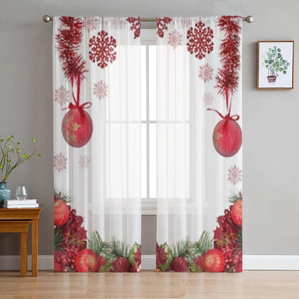 Рождественские сосновые иголки, снежинки, деревянная тюль-занавеска для гостиной, спальни, Рождественский декор, оконная вуаль, тюлевая занавеска