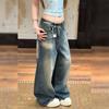 Y2K Streetwear Distressed Back Letter Print Loose Fit Wide Leg Denim Jeans Women 2026