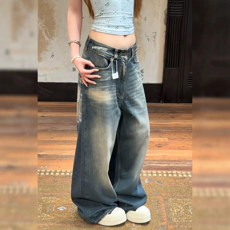 Y2K Streetwear Distressed Back Letter Print Loose Fit Wide Leg Denim Jeans Women 2026