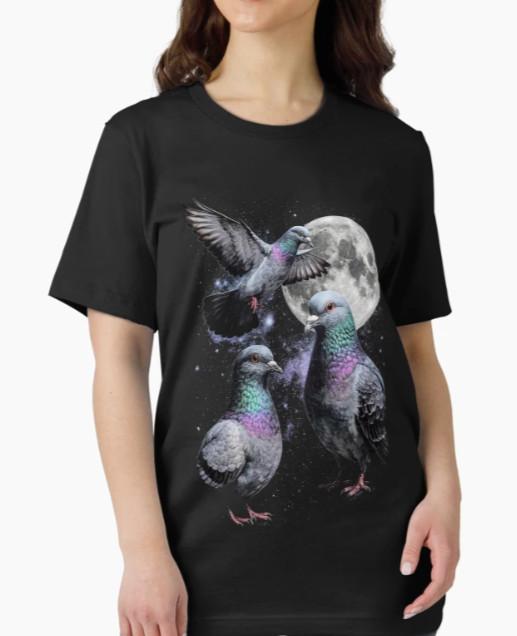 Three Pigeon Retro Graphic Vintage Pigeon Moon T-Shirt