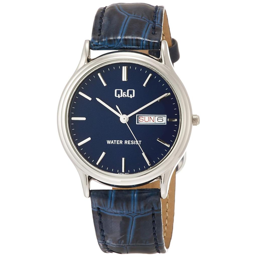 Citizen Q&Q A204-302 Men's Wristwatch, Analog Waterproof, Date and Day of the Week Leather Strap, Navy