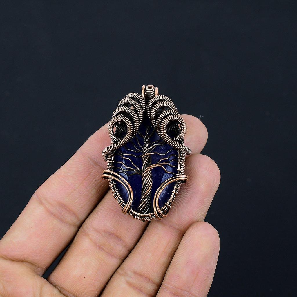 Blue Sapphire Pendant, Handmade Gemstone Pendant, 999 Copper Wire Wrapped Pendant Antique Jewelry, For Engagement Gift