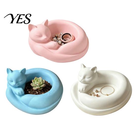 Burr-free Cat Sculpture 3D Printed Curled Sleeping Planter, Multi-Functional Figurine with Bowl-Holding & Ring Tail Decoration Slot, Matte Finish