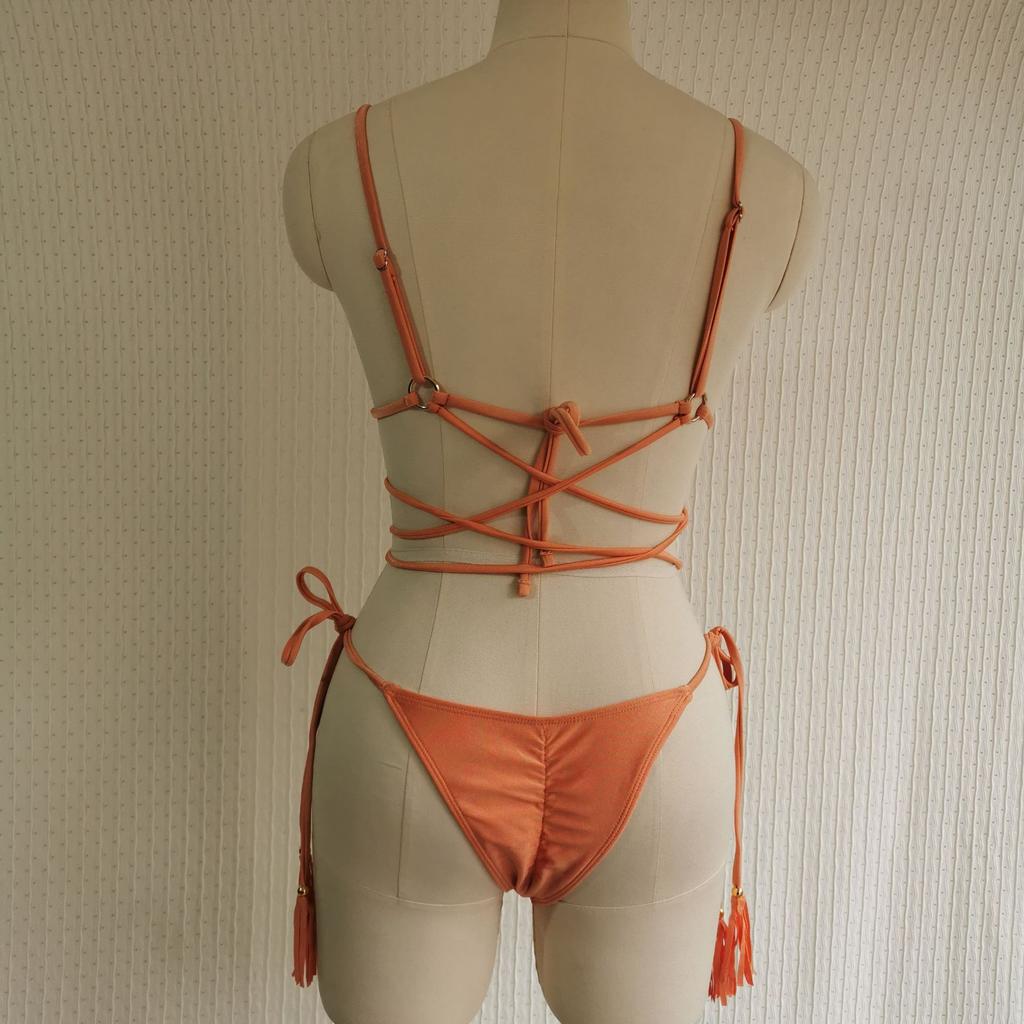 Женская мода сексуальный купальник из двух частей бикини с мягкой лямкой на бретельках, топ с завязками по бокам, комплект купальников, однотонный купальный костюм танкини с открытой спиной