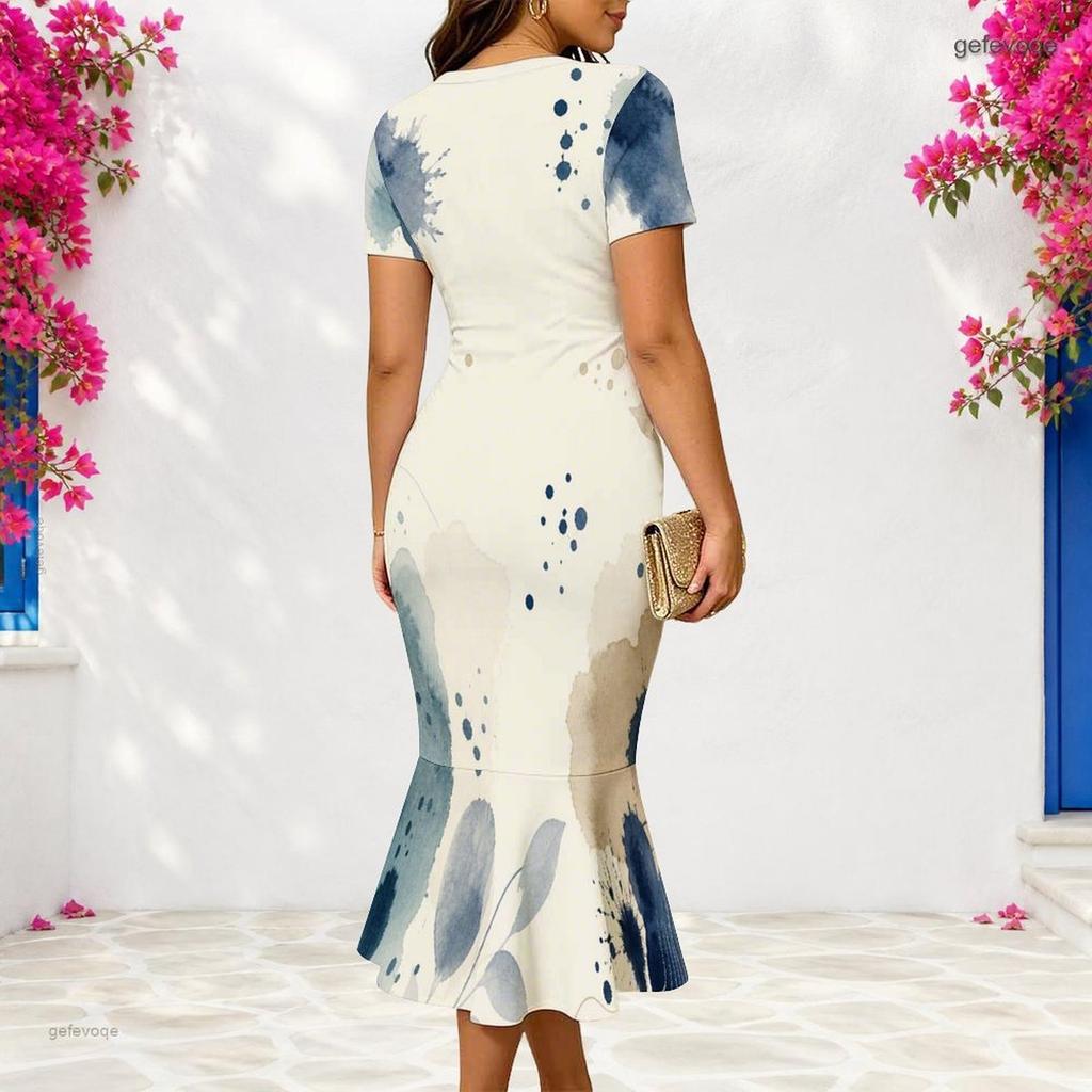 Women Plus Size V Neck Short Sleeve Fitted Abstract Leaf Printed Fishtail Dress