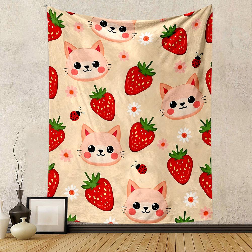 Cute Cats, Strawberries, and Ladybugs Patterned Tapestry Decorative Wall Hanging, Home Bedroom Living Room Decor