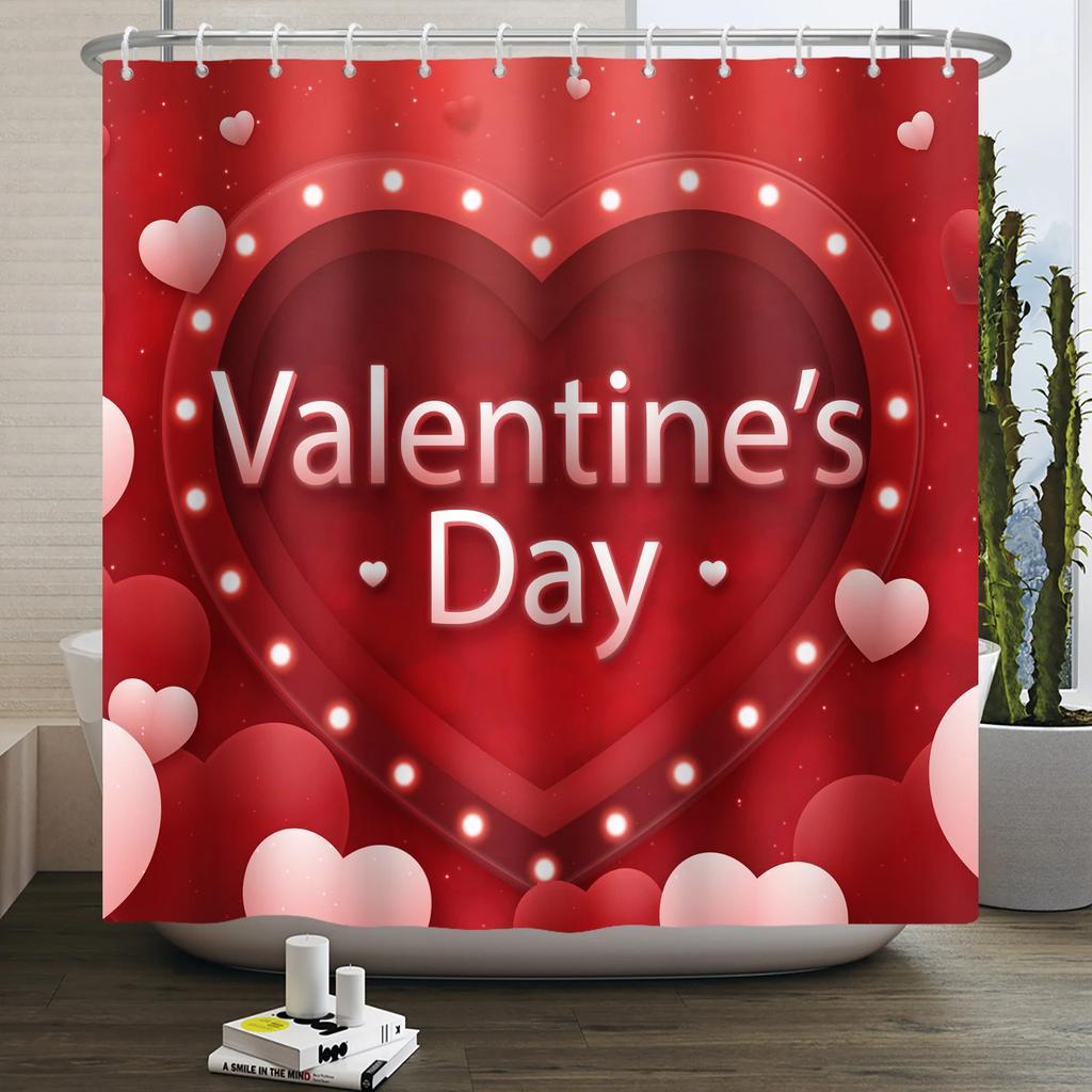 Happy Valentines Day Heart Shower Curtain Red Pink Romantic Falling Love Heart Sweet Lovers Waterproof Bathroom Curtain Decor