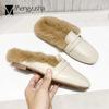 Fashion Real Rabbit Fur Slippers Women Sqaure Cover Toe Mules Low Flats Heels Slides Shoes Furry Pantufa Fluffy Hair Flipflops Ladies