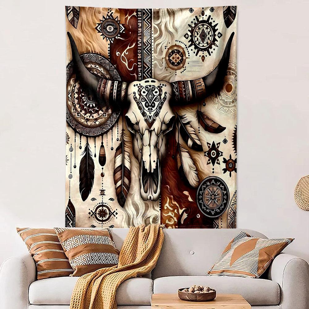 Boho Cow Skull with Feathers and Patterns Patterned tapestry home decor, suitable for bedroom and living room, gift