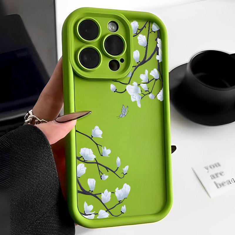 White Magnolia Pattern Phone Case For iPhone 16 15 14 Pro Max 15 16 Plus 12 13 Pro 11 16E Candy Color Shockproof Silicone Cover