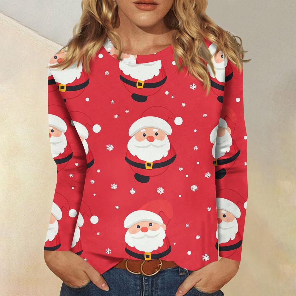 Женская модная повседневная футболка с круглым вырезом и рождественским принтом и длинными рукавами