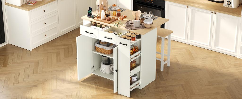 Extendable Dining Area Kitchen Island with Adjustable Shelves and Drawers, with Power Strips and Two Chairs, Ideal for Kitchen and Dining Room (White)