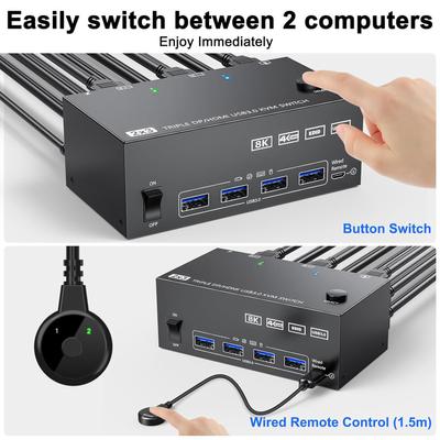 KVM-переключатель USB 3.0, два входа, три выхода, три монитора, поддержка 8K при 30 Гц, 4K при 144 Гц USB 3.0