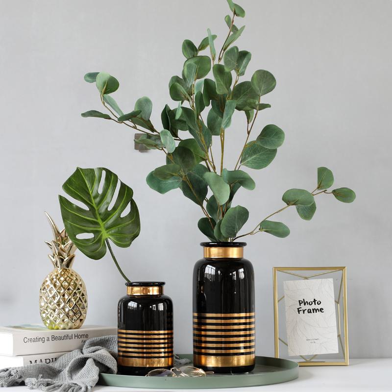 1 шт. Черно-белая керамическая ваза с золотым дизайном, ваза для цветов, контейнер для посадки воды, декоративная настольная ваза для дома