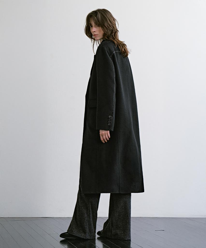TREEMINGBIRD Peaked-Lapel Double-Breasted Handmade Coat [ Black ]