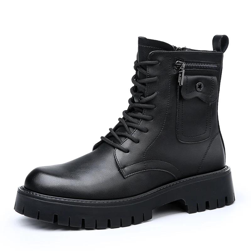 Spring Men's Thick Soled White Denim Boots Brand Lace Up Side Zipper Motorcycle Boots Men Round Toe Boots Leather High Top Shoes