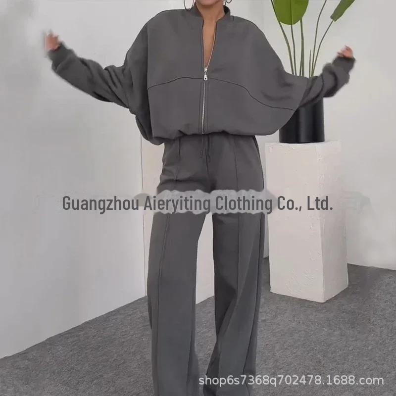 Женская повседневная спортивная одежда европейского/американского стиля весна-осень 2024 г.: Топы и брюки с длинными рукавами и круглым вырезом