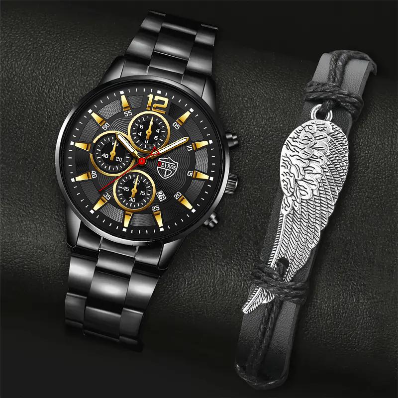 2pcs/set Fashion Men's Calendar Watch, Men's Business Stainless Steel Quartz Watch & Bracelet Necklace Set
