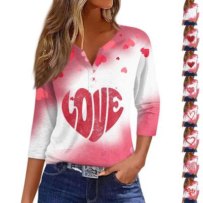 Жен. Футболка Футболка С принтом Пуговицы Рукав 3/4Ежедневно Выходные Мода Классический Топ с v-образным вырезом Обычный