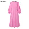 ZANZEA Женское повседневное платье с круглым вырезом, свободное, с длинными рукавами-буфами, однотонное