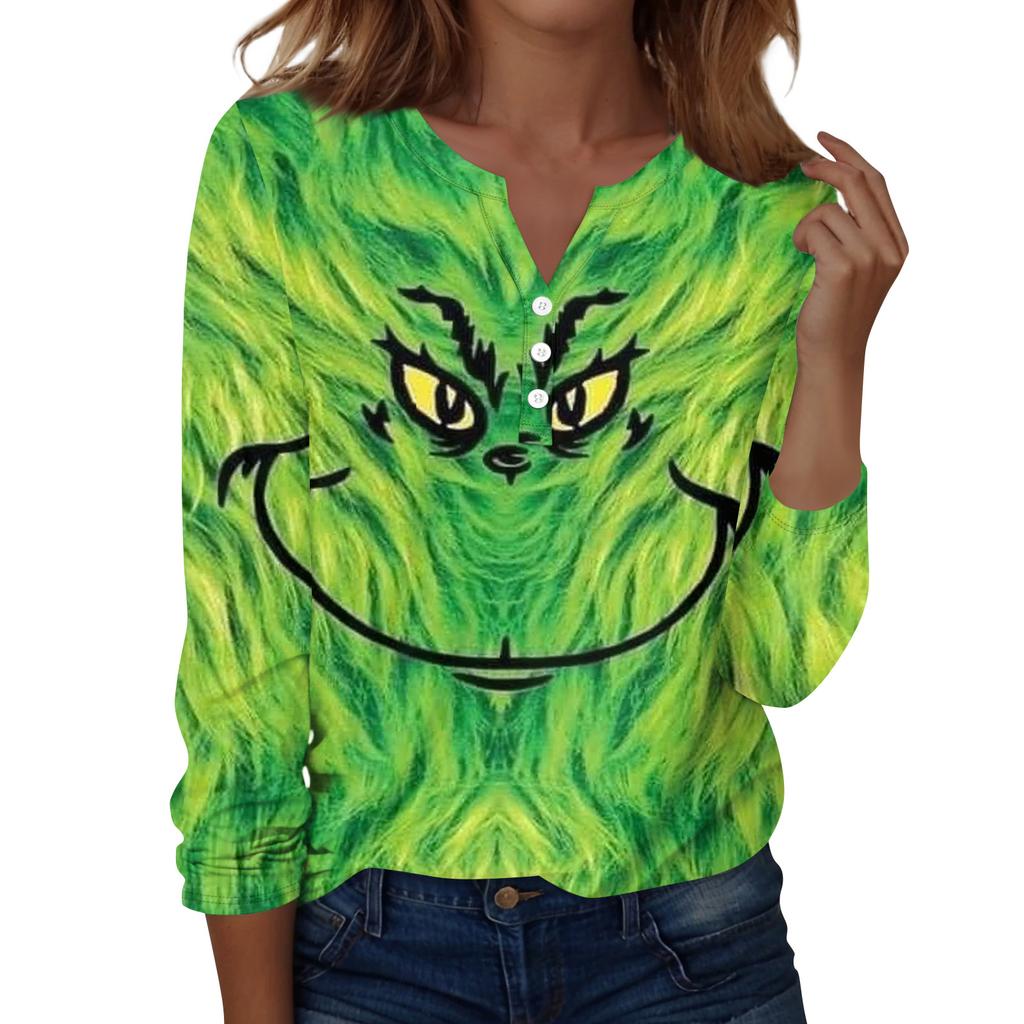 Women's Fashion Casual V-Neck Long Sleeve Decorative Button Christmas Print Top