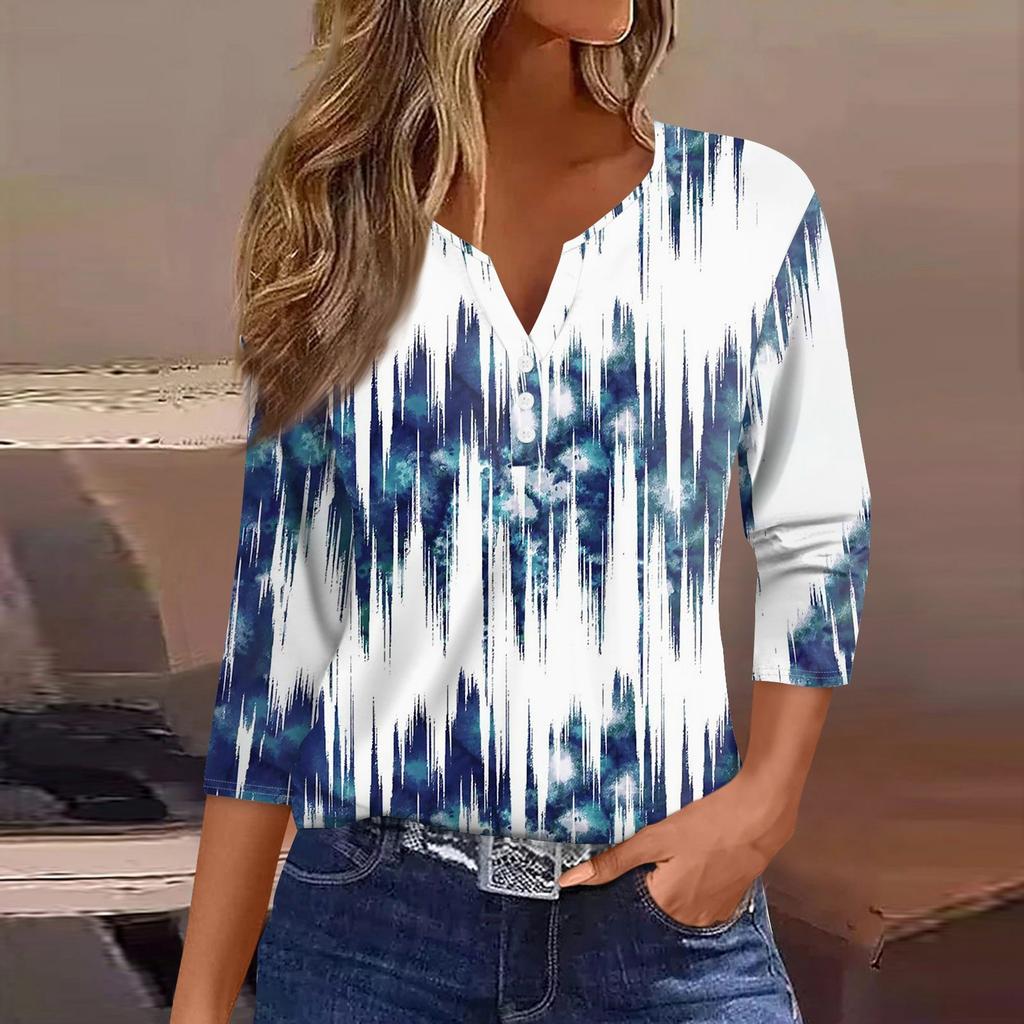 Жен. Футболка С принтом Пуговицы Рукав 3/4 Повседневные Выходные Мода Классический V-образный вырез Обычный Верх