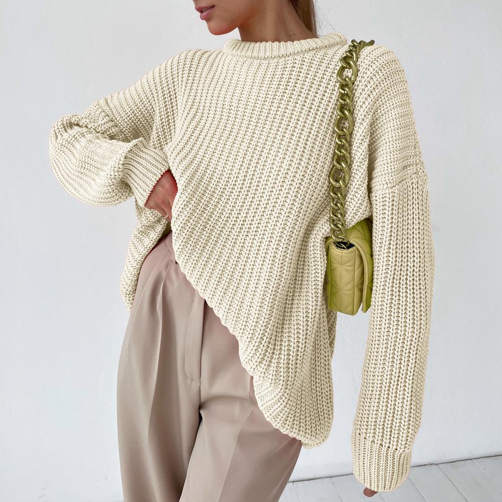 Fashion Women's Solid Color Long Sleeve Loose Round Neck Knitted Sweater Top