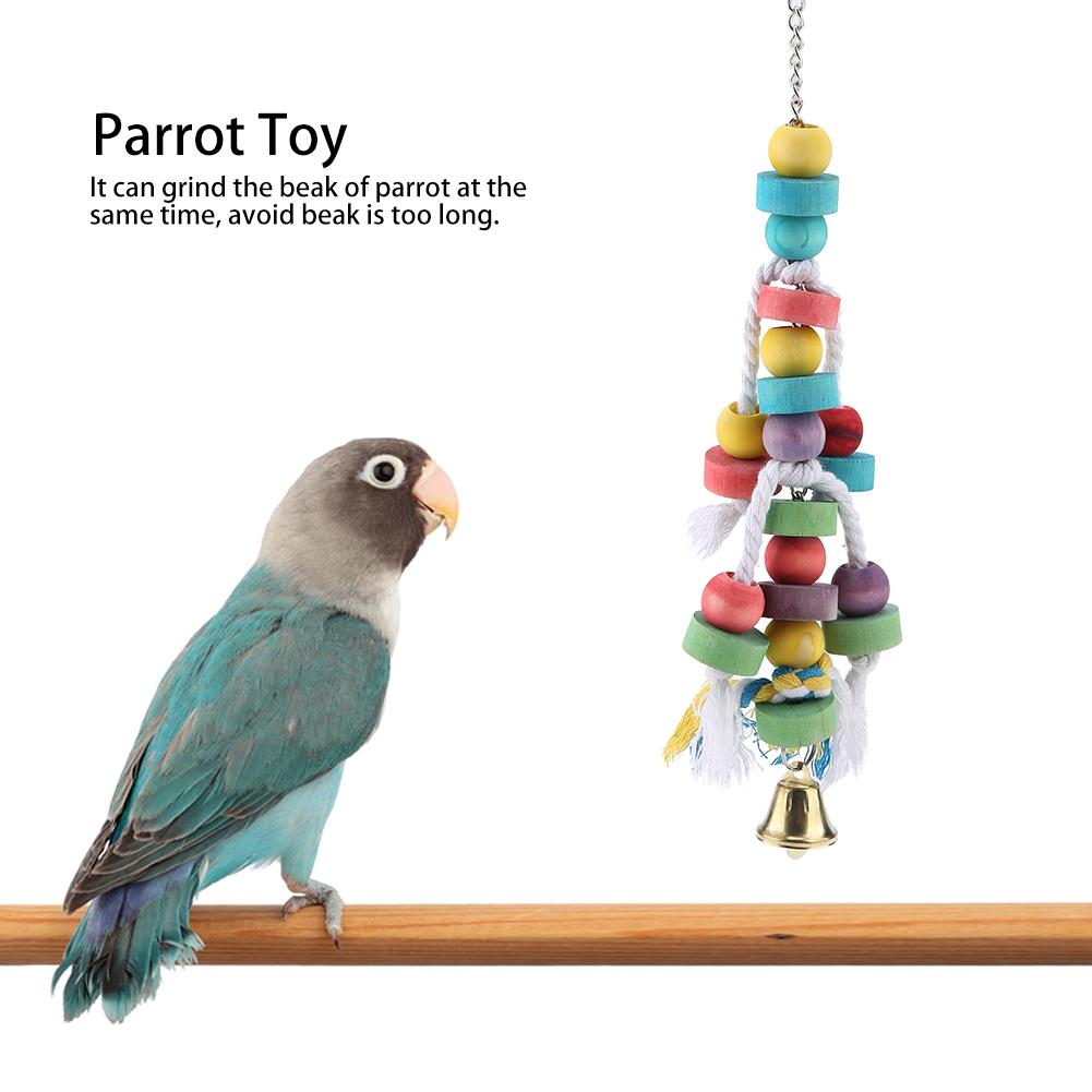 Colorful Parrot Toys Natural Wooden Birds Hanging Chew Toy with Bell Cage Play Toy Supplies