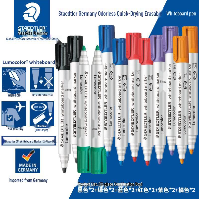 Staedtler Erasable Nontoxic Bold Tip Color Markers – Red, Blue, Black, Orange, Green, Purple (for Kids, Whiteboard Use)