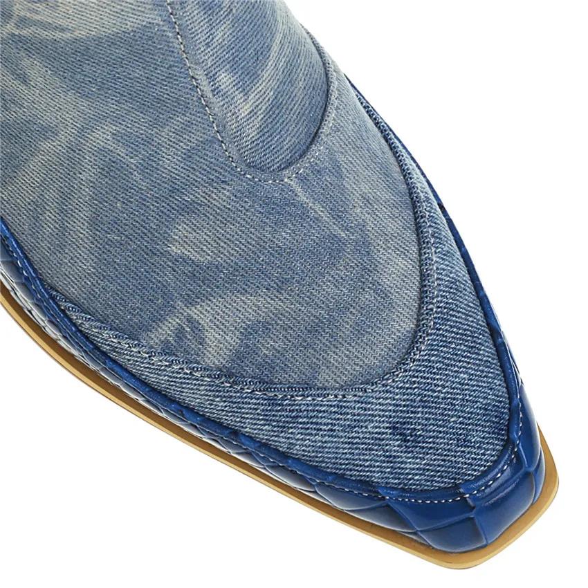 Стильные женские джинсовые ботильоны с квадратным носком, высоким блочным деревянным каблуком, зимне-осенние, большого размера, женские синие джинсовые ботильоны на молнии