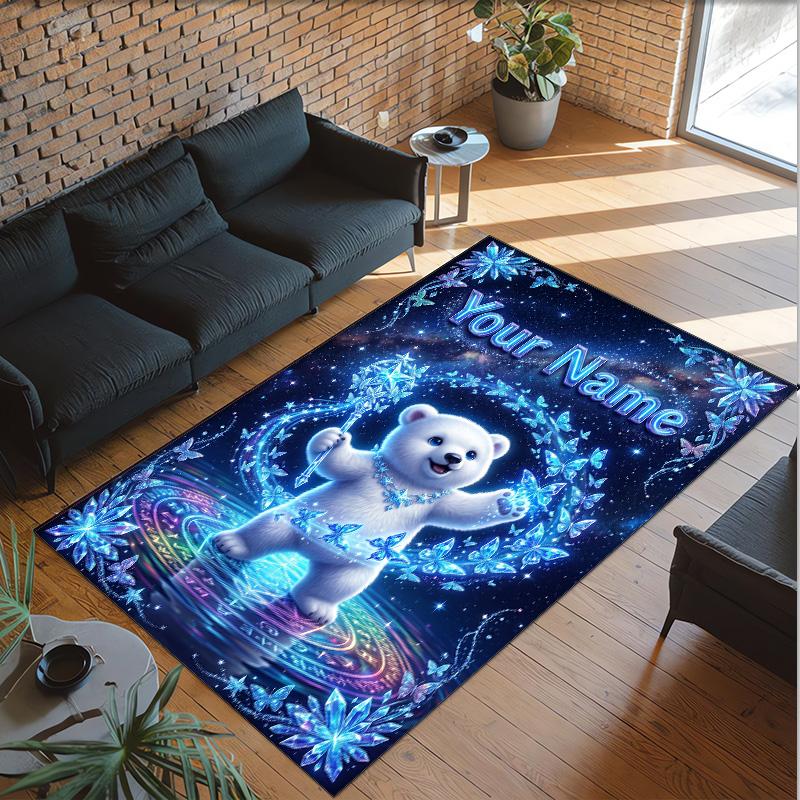Teddy Bear Theme Crystal Velvet Rug Personalized Custom Name Text Soft Floor Mat Home Decor