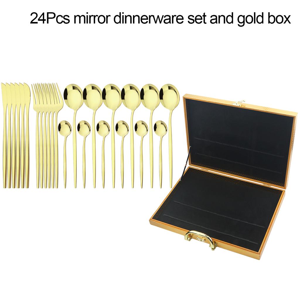 24Pcs Black Gold Dinnerware Set with Box Knives Fork Tea Spoon Cutlery Set Stainless Steel Silverware Tableware Kitchen Flatware