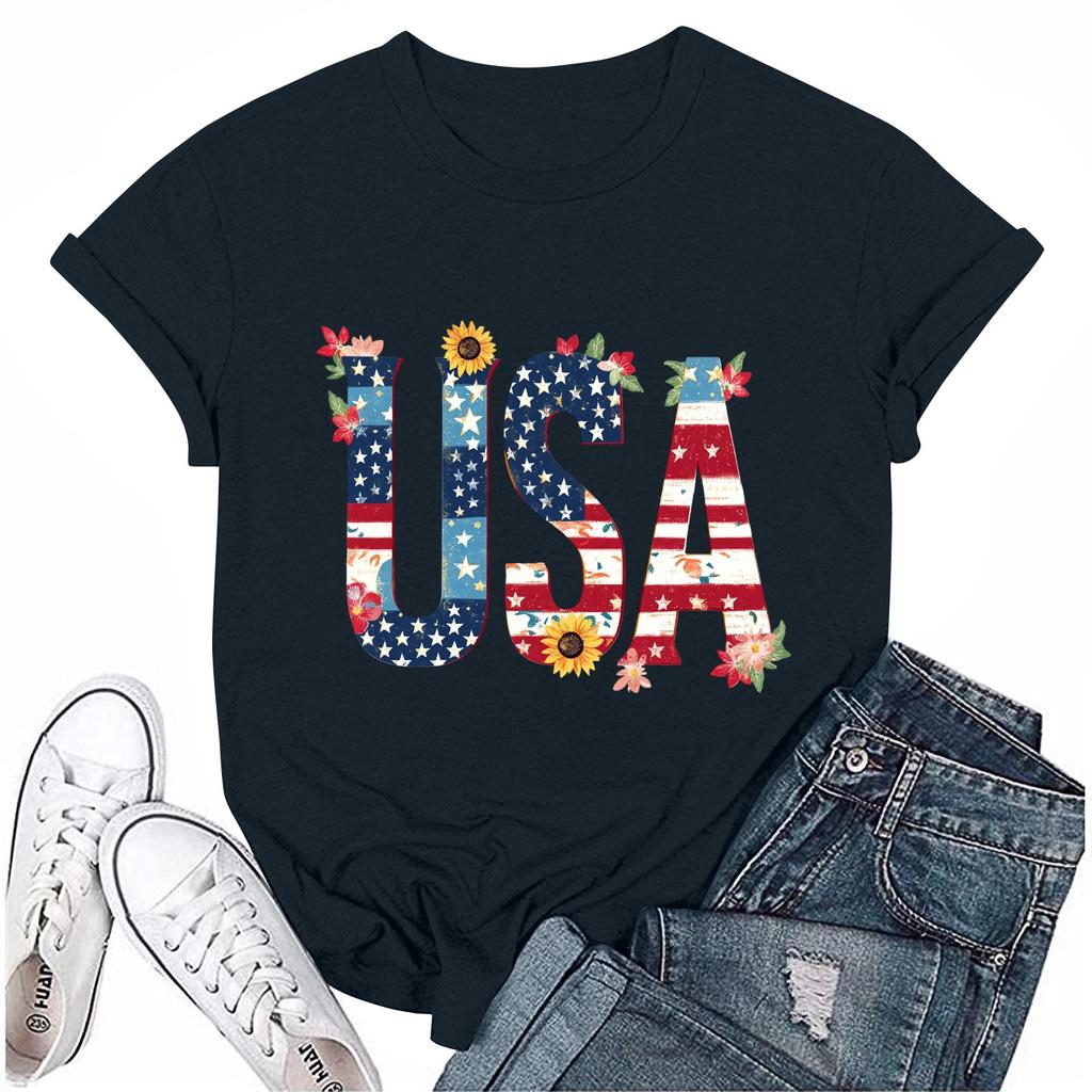 Женская повседневная футболка с круглым вырезом и коротким рукавом с принтом «День независимости»