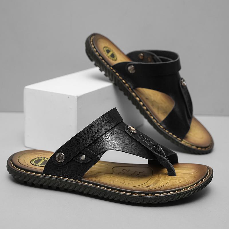 Летние мужские сандалии, нескользящие шлепанцы для мужчин, пляжные сандалии, кожаные тапочки на мягкой подошве, мужские повседневные сандалии для отдыха на открытом воздухе, большой размер