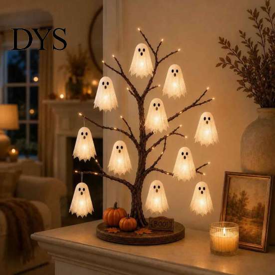 Indoor Halloween Party Props Glowing Ghost Tree Tabletop Decor, LED Lighted with Kid Friendly Ornaments Hanging for Home, Fireplace Mantel,