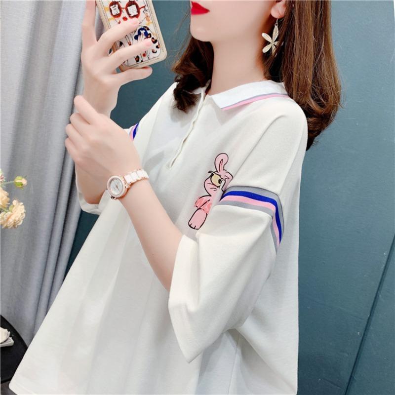 Женская футболка с короткими рукавами и мелким принтом, летняя свободная рубашка поло с лацканами