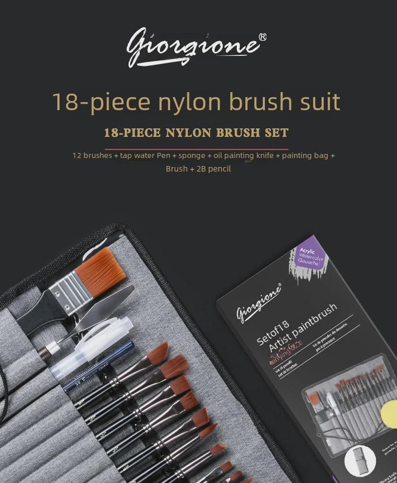 Набор из 18 многоцелевых нейлоновых кистей Giorgione для акварели, акрила и рисования на холсте с сумкой для хранения