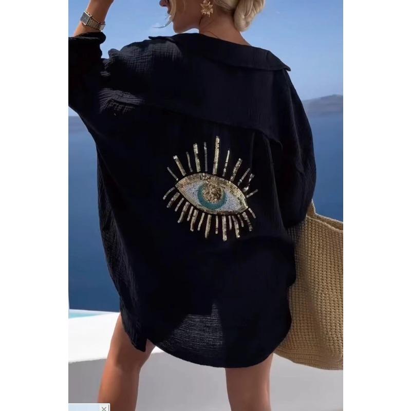 Повседневная рубашка Evil Eye, женская мода, пляжный стиль, свободная пуговица, солнцезащитный крем, хлопок, лен, рубашка, платье, летний повседневный женский топ