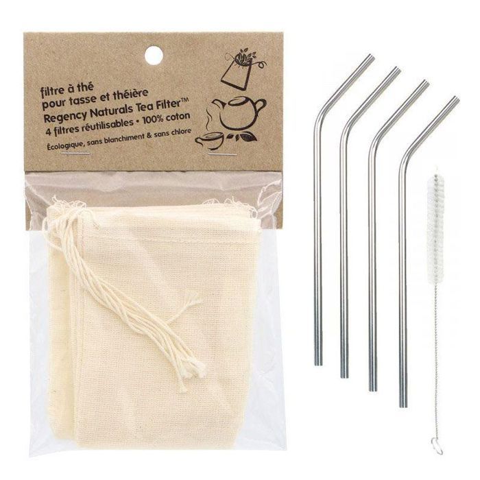 4 Reusable Cotton Tea Filters + 4 Stainless Steel Straws
