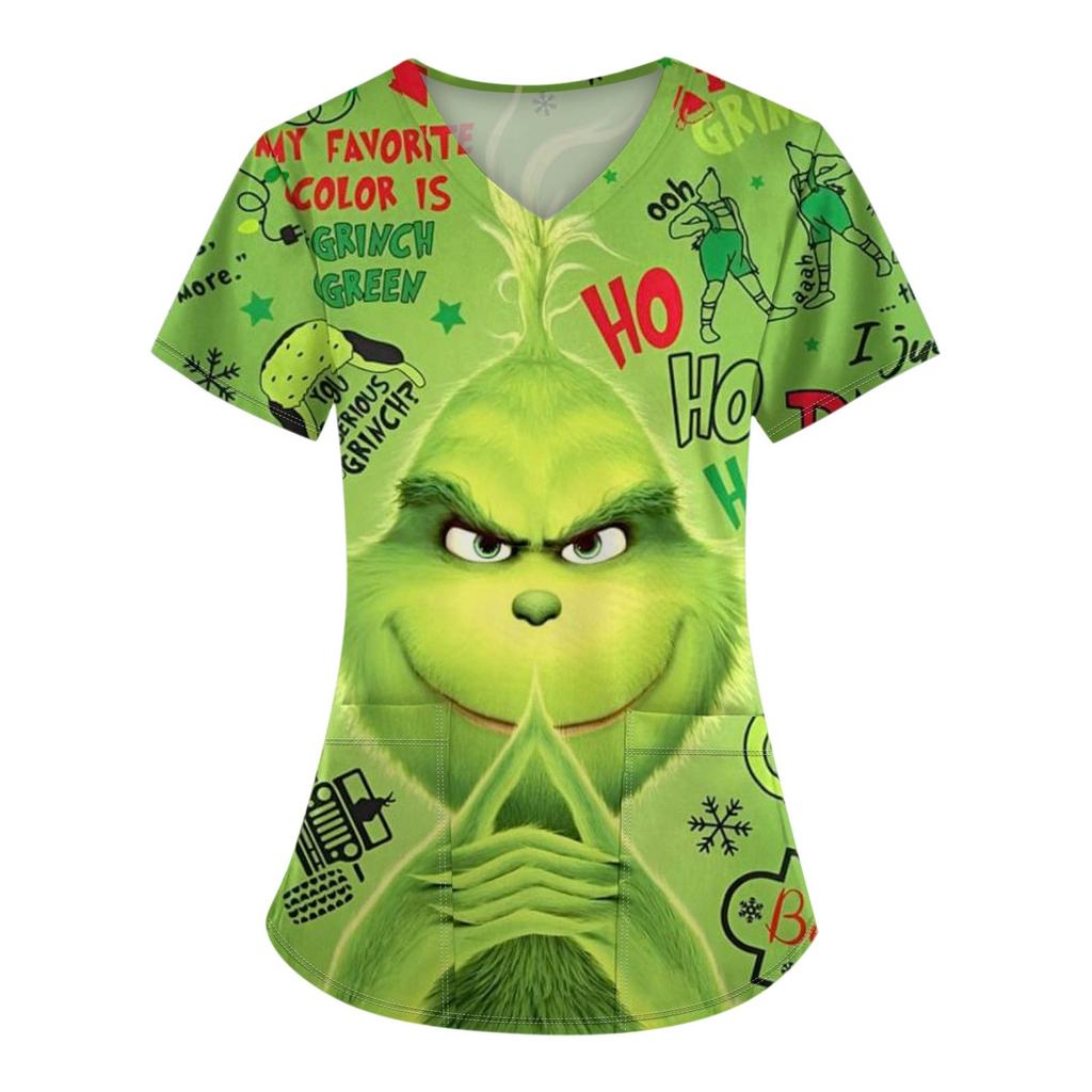 Женские модные топы с короткими рукавами и V-образным вырезом с принтом, рабочие футболки с карманами