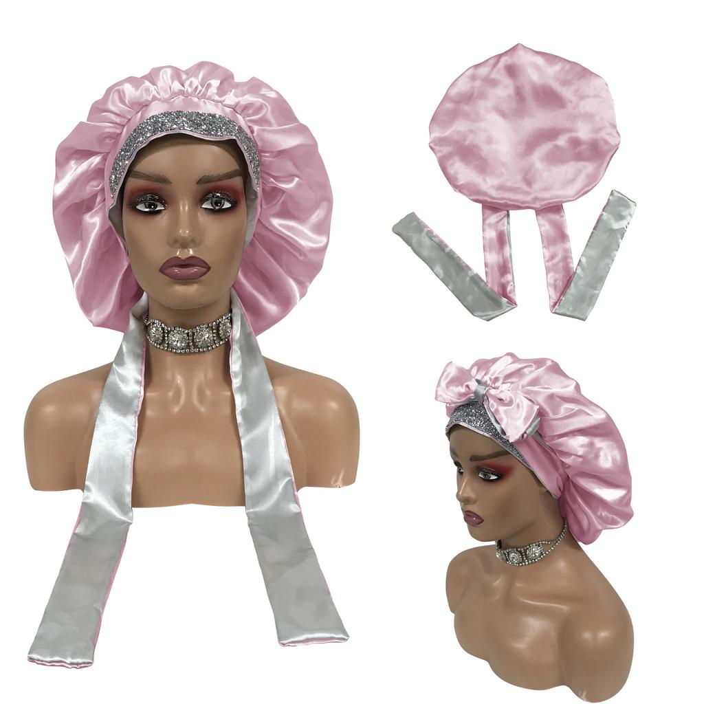 Double Layered Bling Satin Bonnets with Ties Silk Bonnets and Hair Wraps Custom logo Bonnets for Women