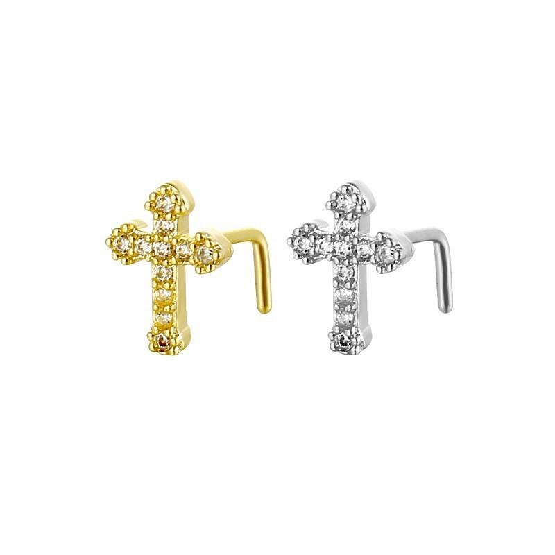 Cross-shaped perforated L-shaped nose stud, nose ring, zirconium nose stud piercing jewelry
