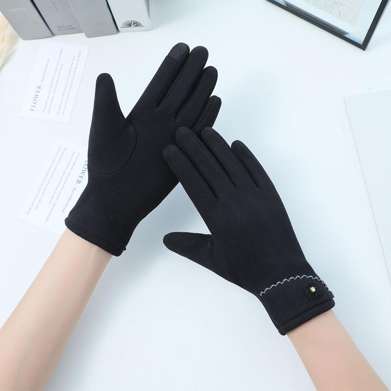 Solid Color Suede Gloves Small Flower Decor Touch Screen Gloves Winter Warm Cold-proof Split Finger Gloves