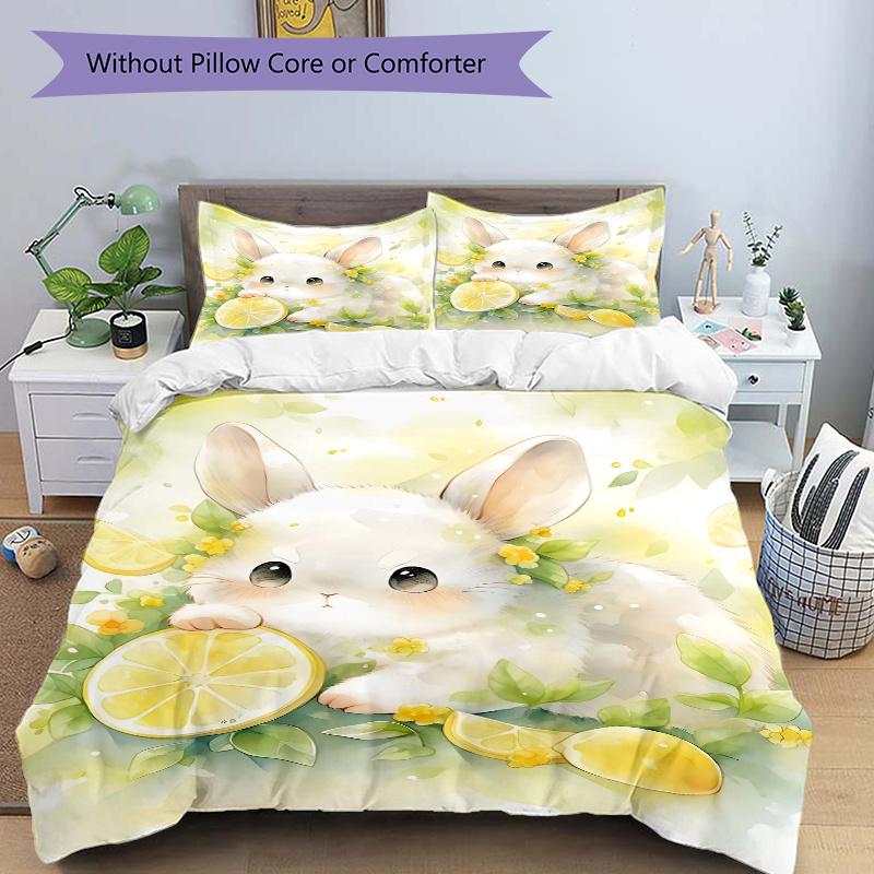 3pcs Lemons and Small Animal Bedding Set, Including 1 Quilt Cover and 2 Pillow Shams, Without Filling, Soft and Comfortable Home Bedroom Fab